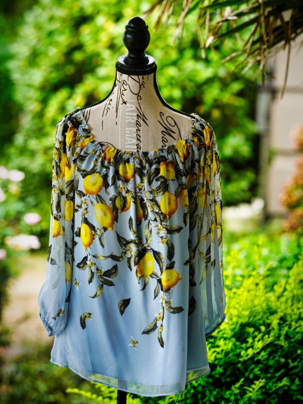 White House Black Market Blue Lemon Print Off-Shoulder Blouse - Size Large